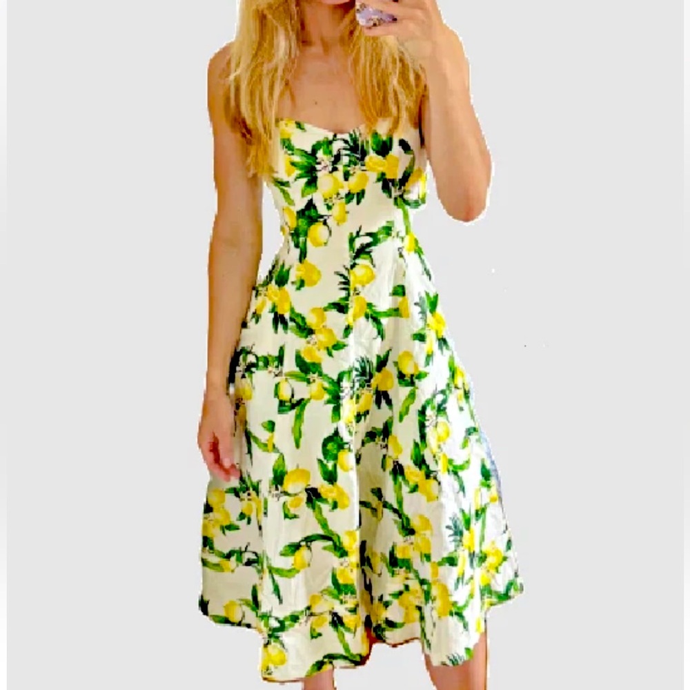 New Avec Les Filles Lemon Print Pockets Cotton-Blend Sweetheart Midi Dress - Picture 5 of 11